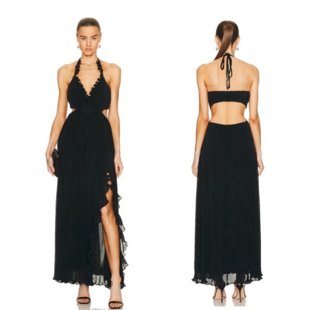 LoveShackFancy Talitha Pleated Black Halter Maxi Dress with Ruffle